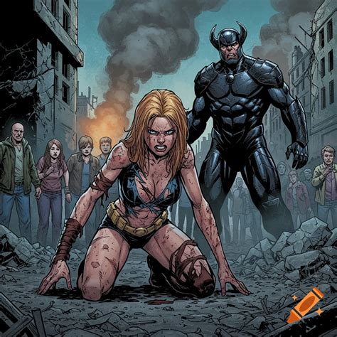 Comic art of a defeated superheroine on her knees in rubble, a villain ...