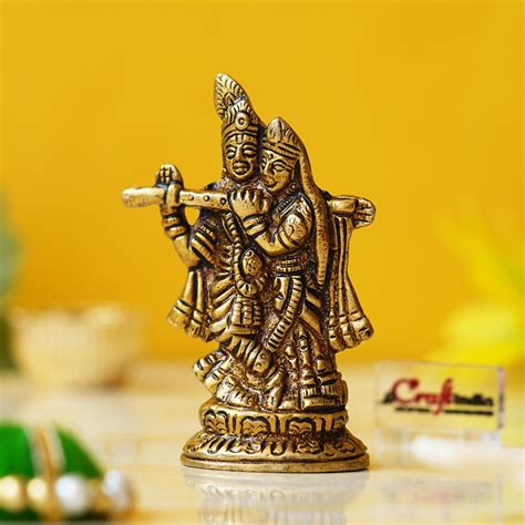 Golden Brass Radha Krishna Murti Idol - God Goddess Statue Decorative ...