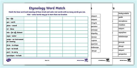 Etymology Word Match for Grade 5-6 (teacher made) - Twinkl