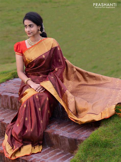 Re - Pure kanjivaram silk saree deep maroon and orange with allover sm ...