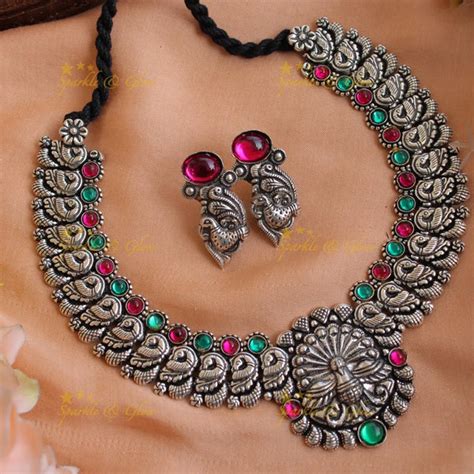 Oxidised Peacock Silver Necklace – Kohlapuri Style – Sparkle and Glow