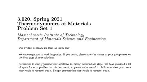 3.020 Spring 2021 Thermodynamics of Materials Problem Set 1 - Studocu