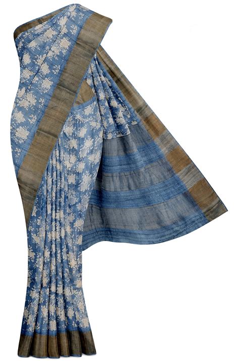 Blue Floral Printed Tussar Saree with Paavanji Border – Kumaran Silks