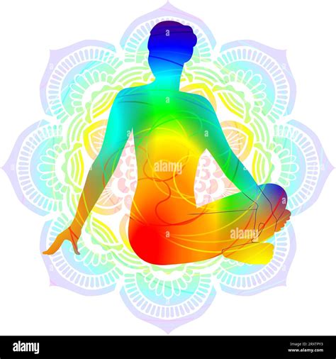 Colorful silhouette yoga posture. Seated Twist pose. Parivritta ...