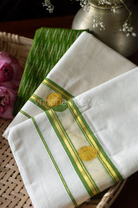 Kerala Kasavu Set Mundu-Sap green -screen printed – Vrindha Lifestyle