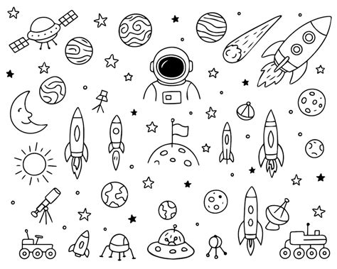 Hand drawn space rockets space planets in doodle style set of hand ...