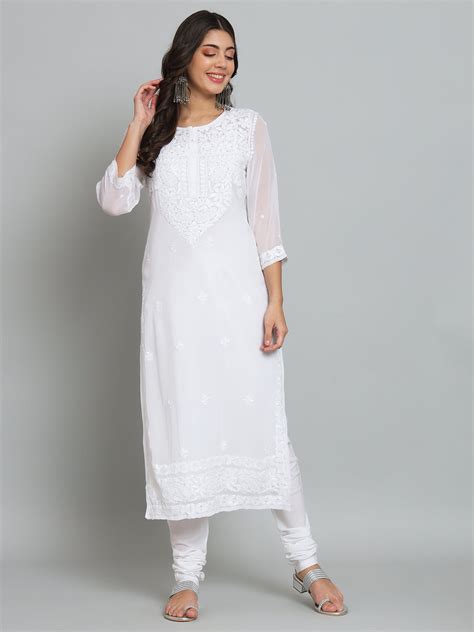 White Georgette Chikankari Kurta with Slip – akheri