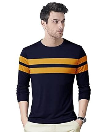 EYEBOGLER Men Striped Regular Fit T-Shirt(T229_Navy Blue Light Mustard ...
