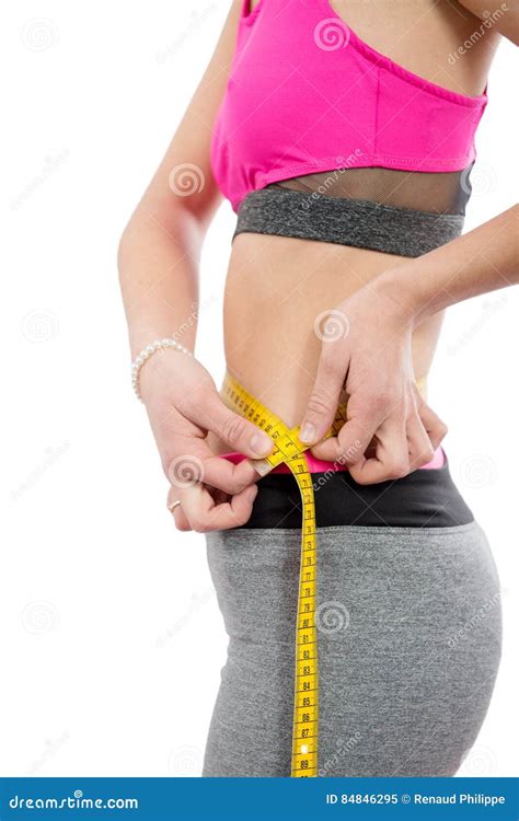Woman Measuring Her Waist with Measure Tape on White Stock Image ...