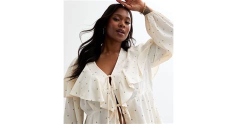 Curves White Spotty Ruffle Tie Up Blouse | New Look