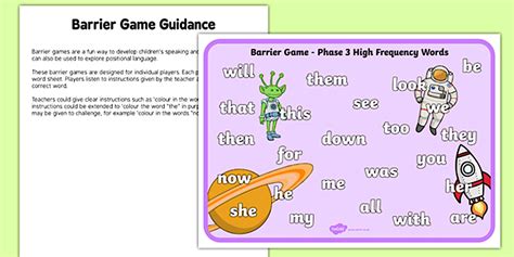 Black and White Phase 3 High Frequency Words Barrier Game Worksheet