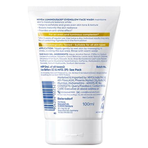 Nivea Luminous 630 Even Glow Face Wash, 100 ml का उपयोग, फायदे ,साइड ...