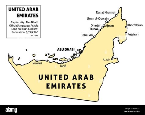 United Arab Emirates (UAE) map. Outline vector country map with main cities and data table Stock ...