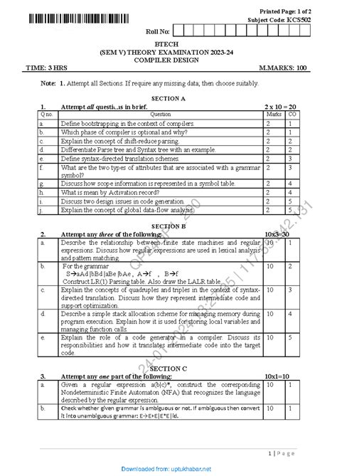 BTECH (SEM V) KCS502 Theory Exam: Compiler Design Previous Year ...