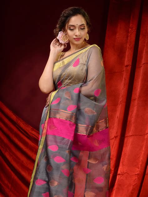 Flint Grey Muslin Handwoven Saree With Woven Motifs And Zari Borders ...