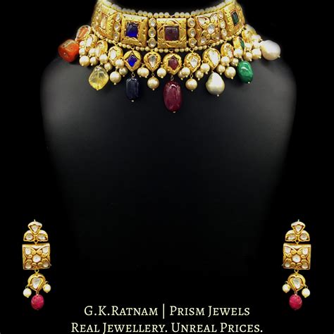 18k Gold and Diamond Polki Antique Navratna Choker Necklace Set with m ...
