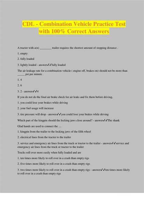 CDL - Combination Vehicle Practice Test with 100% Correct Answers - Cdl ...