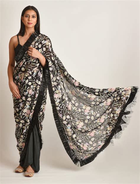 Black Floral Jal Drape Saree – HermosaThreads
