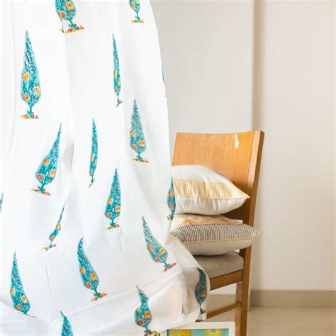 White Cypress Hand Block Print Floral Cotton Curtain for Doors ...