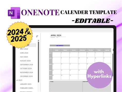 Editable Onenote 2024 2025 Hyperlinked Calendar | Onenote Calendar 2024 ...