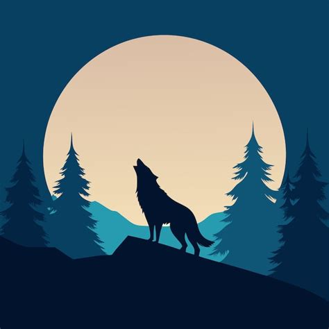 Silhueta Lobo uivando para a lua com árvores ao fundo | vetor Premium ...