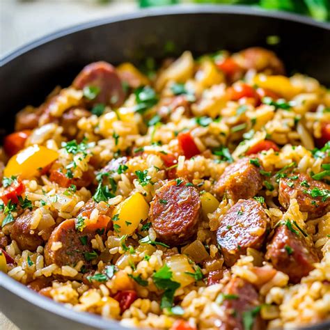 One Skillet Onion and Pepper Kielbasa with Rice