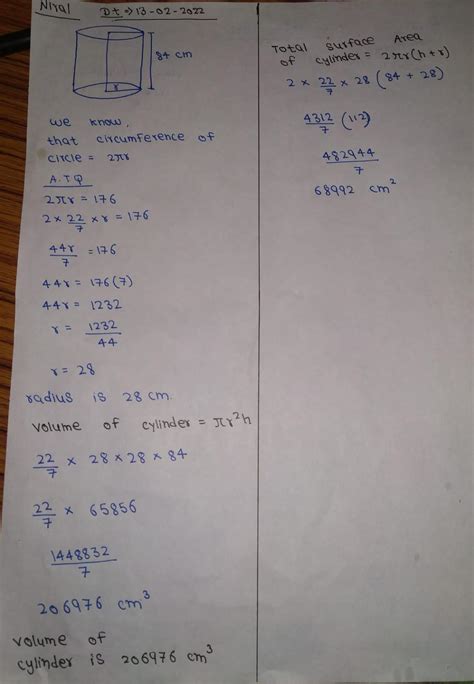 the circumference of the base of the cylinder is 176 cm and its height ...