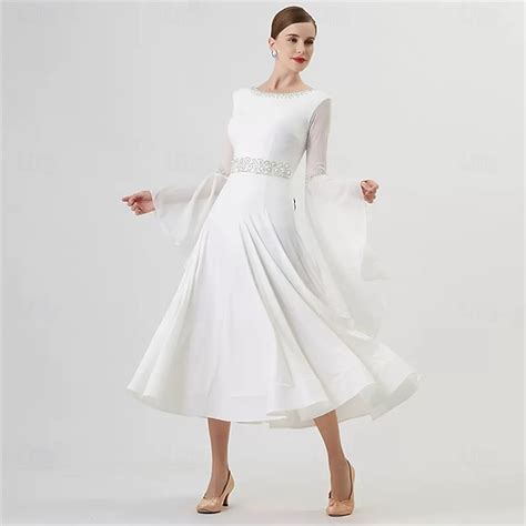 Women's Ballroom Dance Dress Long Bell Sleeve Rhinestone Waist Elegant ...