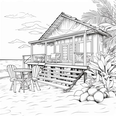Premium AI Image | a drawing of a beach house with chairs and a table ...