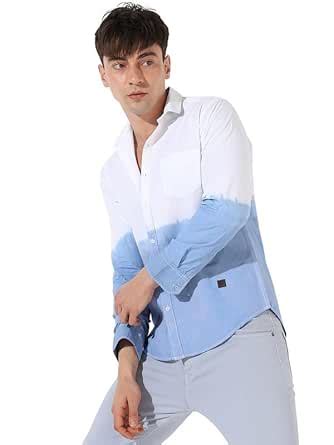 Campus Sutra Men's White & Blue Contrast Ombre Shirt for Casual Wear ...