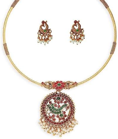 Buy fabula Jewellery Antique Gold Tone Red & Green Stone Ethnic Temple ...