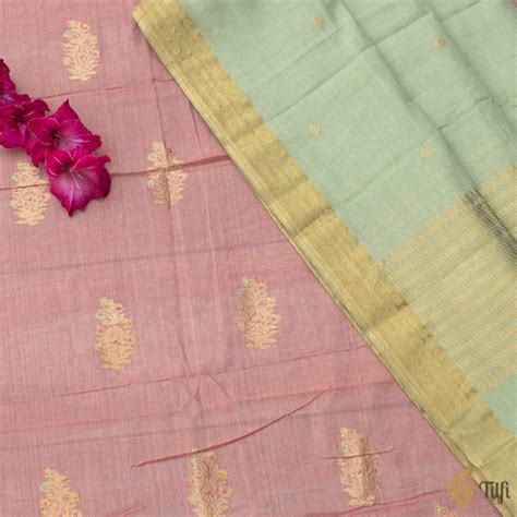 Sage Green-Pink Pure Soft Tussar by Cotton Dupatta & Fabric Set - Tilfi