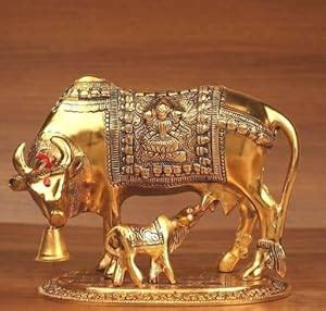Buy VIYU CREATIONS Metal Kamdhenu Cow and Calf Idol Gold Finish Holy ...