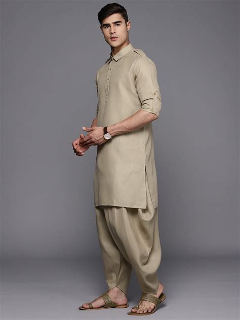 Beige Linen Pathani Kurta with Dhoti Pants Inddus.in
