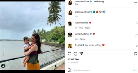 Dia Mirza holds son Avyaan in her arms as she poses by the sea in Goa ...