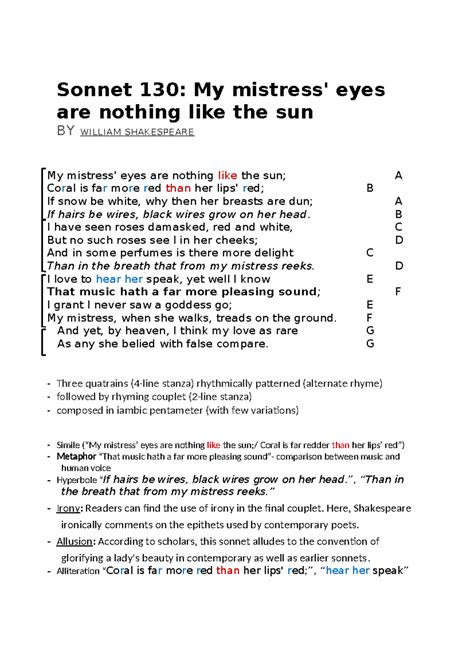 "Sonnet 130" Shakespeare - Sonnet 130: My mistress' eyes are nothing ...