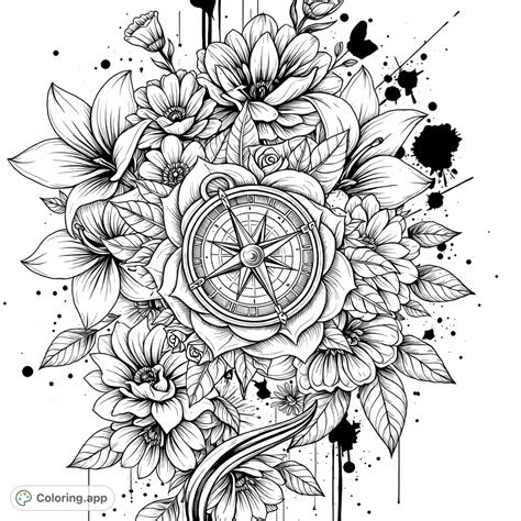 Floral Compass Rose Journey - Coloring.app