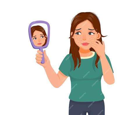 Anxious young woman holding mirror looking at acne spot pimples on her ...