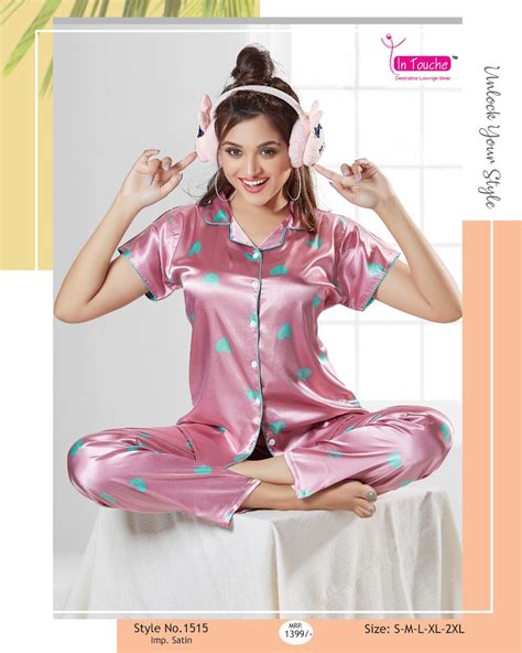 Printed Pink Satin Night Suit Set for Ladies – Stilento