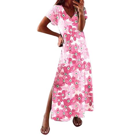 TAIAOJING Women Floral Print Dress Maxi Summer Spring V Neck Short ...