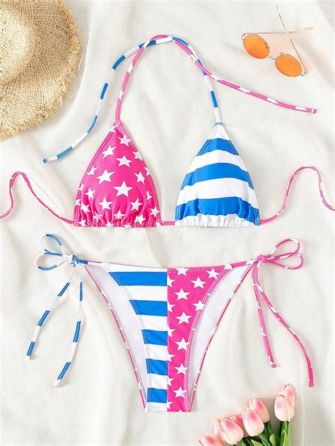 Summer Beach Star And Stripe Print Halter Neck Bikini Set, Two Pieces ...
