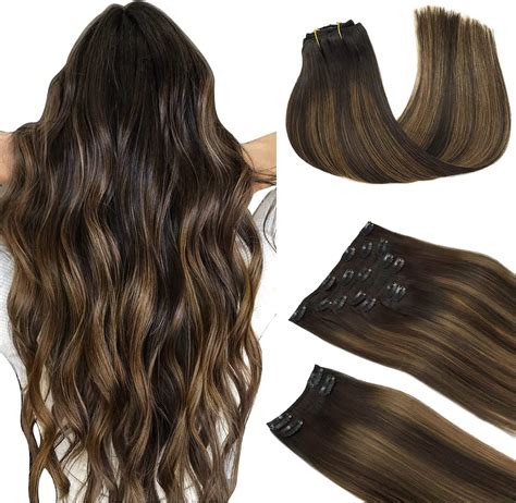Amazon.com : DOORES Clip in Hair Extensions Real Human Hair, Balayage ...