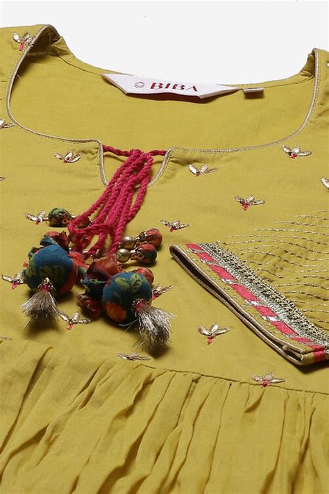 Lime Green Cotton Anarkali Kurta Palazzo Suit Set at Biba India