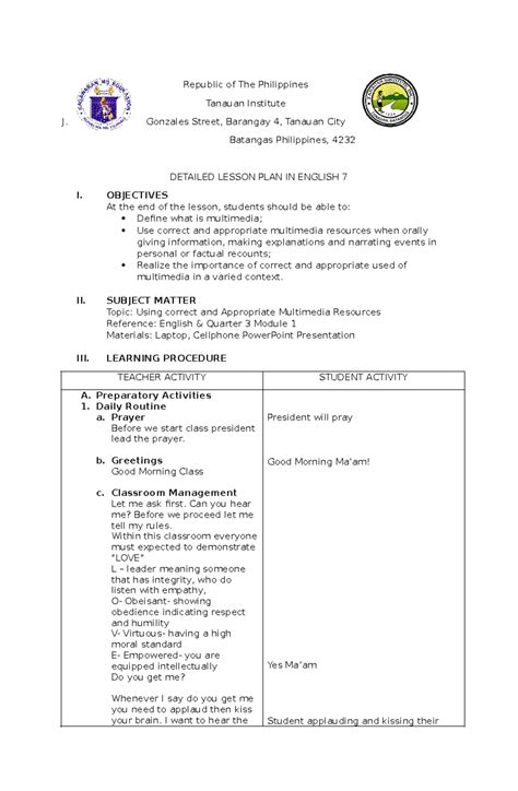 Image result for Lesson Plan Ph Example