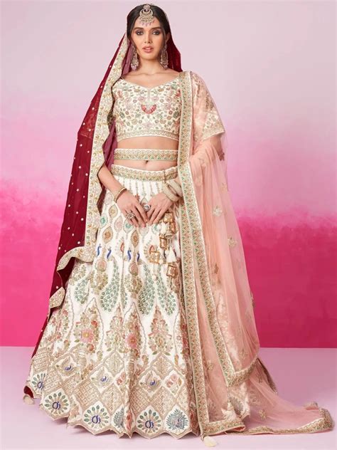 ⚡️Buy Attractive Cream Heavy Silk Bridal Lehenga Choli With Double ...
