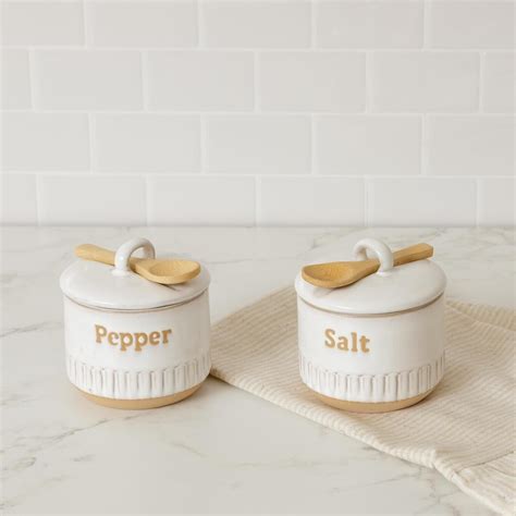 Farmhouse Tan White Pottery Stoneware Salt Pepper Cellar Container Set ...