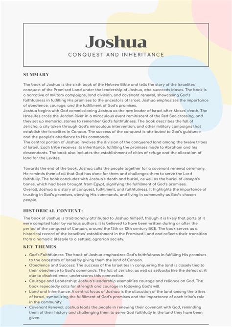 Joshua Bible Summary Sheet Printable - Free Bible Worksheets