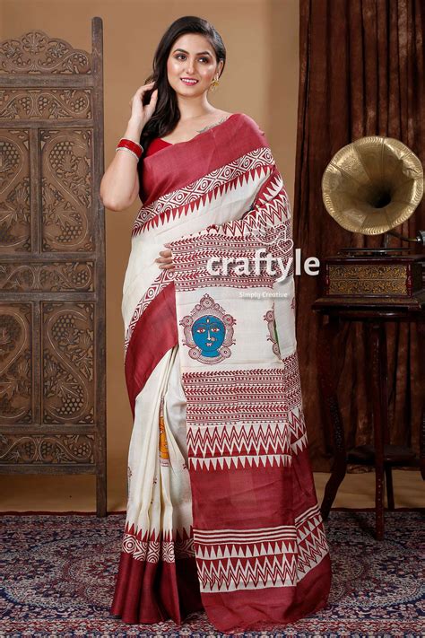 Goddess Motif Berry Red Hand Block Print Pure Tussar Saree – Craftyle