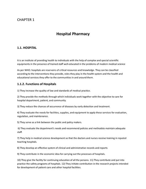 Chapter 1 hospitals - CHAPTER 1 Hospital Pharmacy 1. HOSPITAL It is an ...