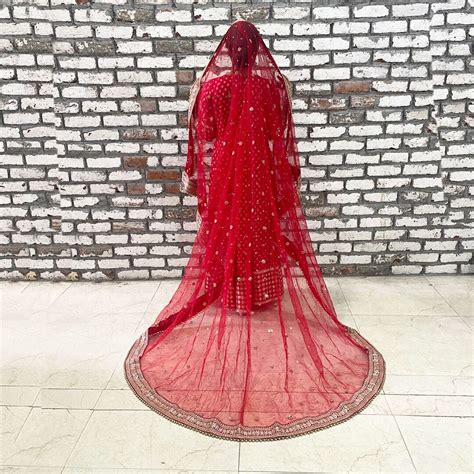 Bridal Heer Red Zari Embroidered Net Sequin Trail Dupatta – anokherang